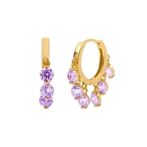 Detail view of gold hoops with purple faceted zircon stones in a symmetrical layout