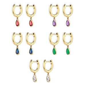 Geometric Teardrop Zirconia Earrings For Women Copper 925 Sterling Silver Earring Post Colorful Water Drop Huggie Hoops