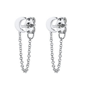 Elegant S925 silver crescent moon tassel earrings with hanging chains on white background