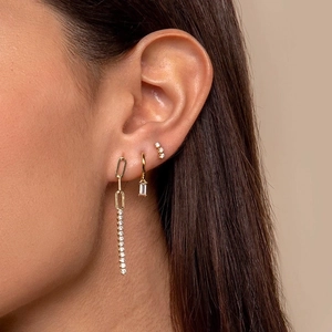 Elegant gold-plated S925 drop earrings set with shimmering zircon chain and baguette stones
