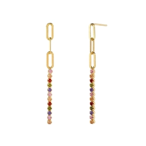Elegant gold drop earrings with rainbow cubic zirconia stones and link chain design