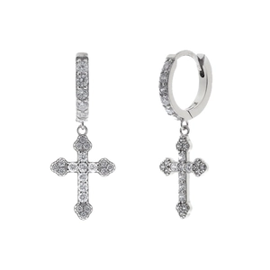 Sparkling S925 sterling silver hoop earrings with hanging diamond cross pendants
