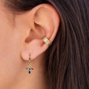 S925 silver needle earrings with colorful zircon cross charms and golden ear cuffs set