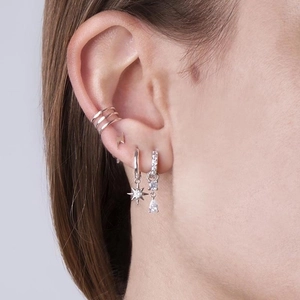 S925 silver needle drop earrings with colorful zircon displayed on a model ear