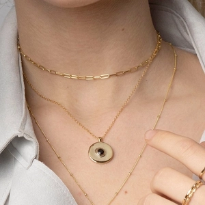 Minimalist layered gold S925 silver necklace with paperclip chain and round pendant