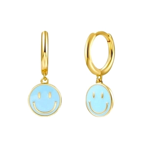 S925 silver needle gold hoop earrings with light blue enamel smiley face pendants