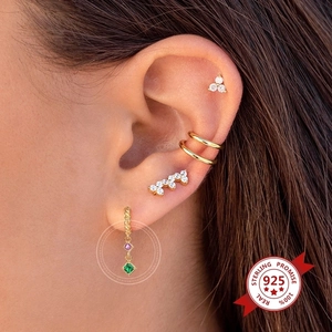 S925 sterling silver earring set featuring gold studs and colorful square zircon stones