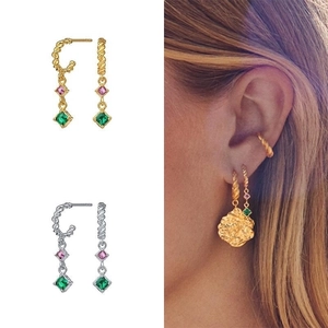 Rainbow crystal tassel earrings with square zircons and twisted rope design in gold and silver