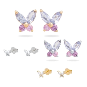 Detailed view of colorful butterfly earrings with purple zircons and silver plating