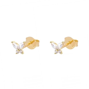 Detail of s925 silver butterfly earrings featuring gold metal and sparkling cubic zirconia