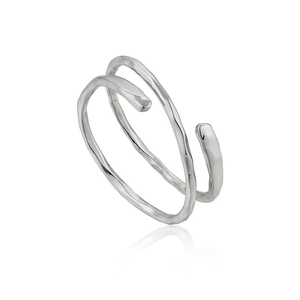 Minimalist double-layered silver open ring with irregular hammered texture on white background