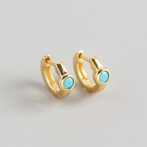 Elegant gold hoop earrings with turquoise blue zircon inlay for a vintage fashion style