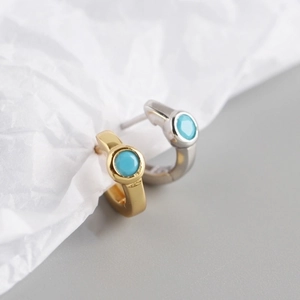 Minimalist S925 sterling silver hoop earrings with round turquoise stones in gold and silver