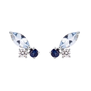 Detailed close-up of butterfly stud earrings with blue marquise and round zircon stones