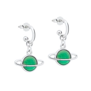 S925 silver needle planet drop earrings with green glitter sphere in silver frame
