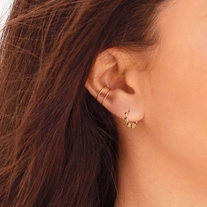 Golden double-layer ear cuff and gold hoop earrings with red zircon stones for women