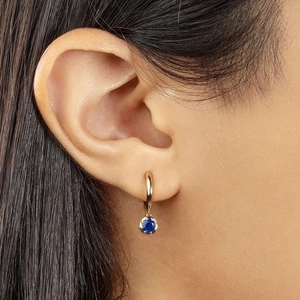 S925 sterling silver gold hoop earrings with dark blue round zircon stone drops