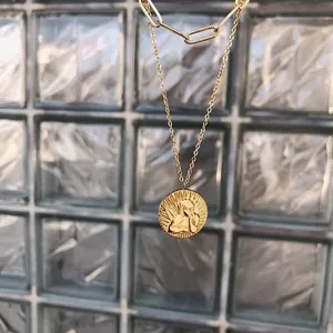 Golden cherub angel wing pendant necklace with layered titanium steel chain in vintage style