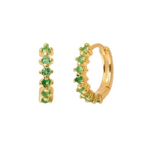 Detailed close-up of S925 silver needle hoop earrings with green zircon in gold plating