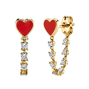 Elegant gold heart earrings with red enamel and dangling sparkling crystal tassels
