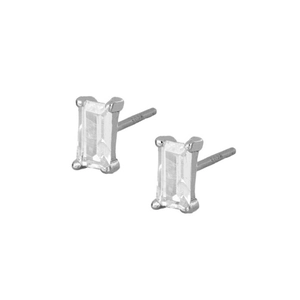 Detailed view of silver rectangular stud earrings with S925 hallmark and zircon stone