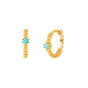 Detail of 925 silver gold-plated hoop earrings featuring round turquoise gemstones