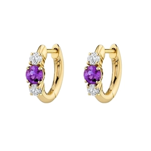 Elegant gold plated huggie earrings with central purple amethyst and side zircon accents