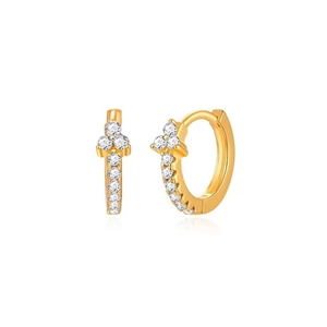 Macro view of gold plated hoop earrings featuring micro-pave crystals and secure hinge closure