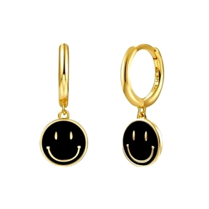 S925 sterling silver gold hoop earrings with black enamel smiley face charms for women