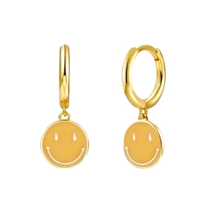 Detailed view of 18K gold smile drop earrings with yellow enamel charms on white background