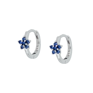 Close-up of 925 sterling silver hoop earrings with blue zircon flower petal design