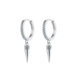 S925 silver hoop earrings with micro-paved zircons and polished cone pendants