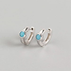 Elegant 925 sterling silver hoop earrings featuring round blue zircon stones on light grey back