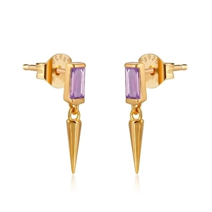 Detail of s925 silver stamp on gold cone stud earring with purple zircon stone