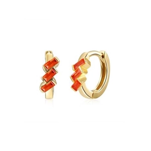 Close-up of golden geometric hoop earrings with three orange rectangular zircon stones