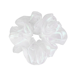 Luminous white organza scrunchie with holographic pearl texture and elegant pleats