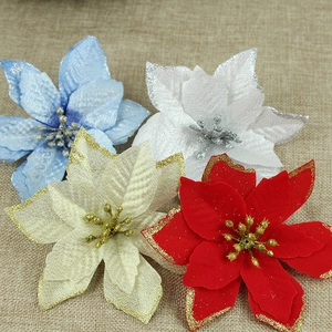 Artificial Christmas Poinsettia Flowers With Glitter Edges Hollow Fabric For Christmas Tree Wreath DIY Holiday Decor