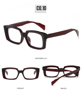 Multiple views of dark red chunky square glasses frames in front, back and side angles
