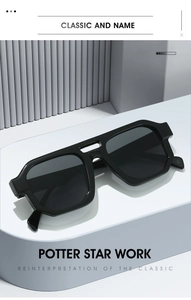 Detailed side view of thick black irregular sunglasses frame on modern geometric stand