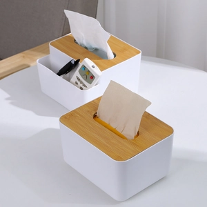 Minimalist tissue box with wood lid and side storage compartment on white surface