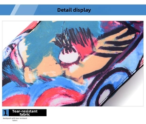Detail showing tear-resistant fabric with abstract colorful painted patterns on the waist bag