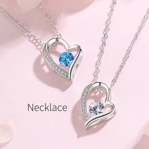 S925 Sterling Silver Heart Necklace with sparkling blue and clear gemstones