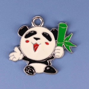 Detail of cartoon panda alloy pendant with black and white oil drop finish and green bamboo
