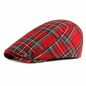Classic red plaid beret hat with British tartan pattern for sun protection and style