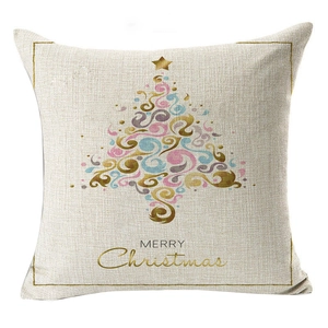 Linen Christmas pillowcase with festive tree and Merry Christmas text on white background