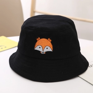 Close-up of black cotton bucket hat featuring detailed orange fox head embroidery