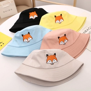 Kids fox embroidery cotton bucket hat in five colors including black yellow blue pink