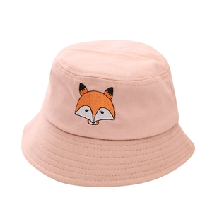 Pink cotton fisherman bucket hat for kids with cute orange fox embroidery detail