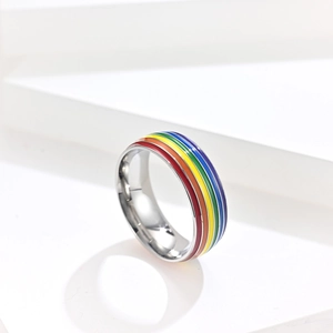 Detail view of rainbow enamel inlay on a polished silver stainless steel ring band