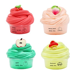 Macro display of cherry, peach, apple, and mushroom scented fluffy slime toy cups